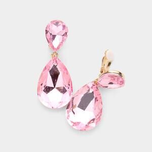 Clip on 2" gold and light pink double teardrop earrings